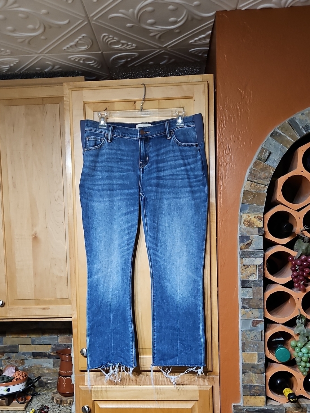 Hatch The Crop Maternity Jeans Straight Leg Distressed Blue Frayed Raw Hem